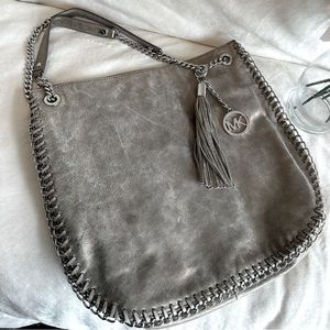 Michael Kors metallic gray distressed leather bag with silver chain detail